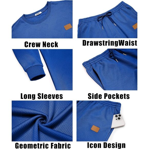 Men's 2 Piece Sweat suit Jogging Suit Set Long Sleeve Jacquard Shirt Bright Blue - Picture 6 of 6